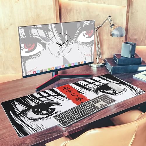 XXL Manga Eyes Gaming Mouse Pad – Japanese Minimalist Desk Mat with Kanji & Bold Art – Non-Slip, Water-Resistant Surface, Stitched Edges – 35.4x15.7 in (Anime Red XX-Large) - color: Anime Red, size: 35.4L x 15.7W inches