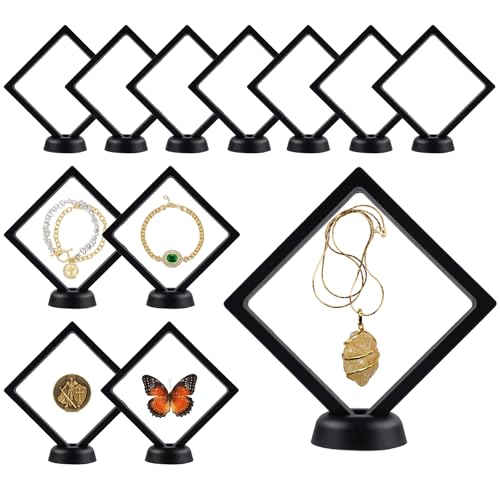 12Pcs 3D Floating Display Case Jewelry Storage Box, 4.3in Black | Clear Film, Plastic Frame, Challenge Coin Holder, For Shark Tooth Fossil Rock Gem Shell Butterfly Specimen - size: 4.3×4.3×0.8 inches