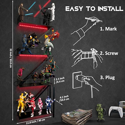 Fire Escape Wall Shelf for Collectibles – Iron Fire Escape Shelf with Pre-Attached LED Light Strips, 12 Colors, Holds 44 lbs