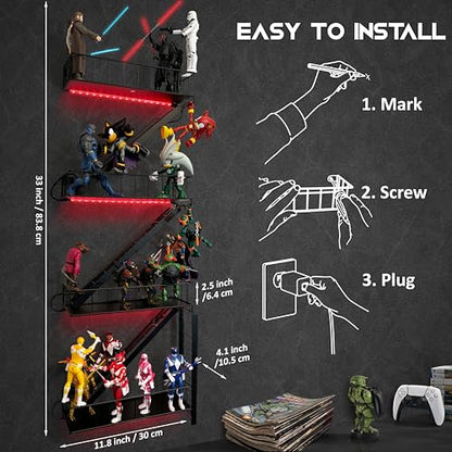 Fire Escape Wall Shelf for Collectibles – Iron Fire Escape Shelf with Pre-Attached LED Light Strips, 12 Colors, Holds 44 lbs