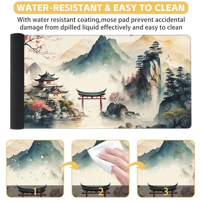 Japanese Mountain Desk Mat Large Mouse Pad Gaming Mousepad 31.5 x 15.8 in | Desk Pad for Keyboard and Mouse, Large Non-Slip Rubber Base Mousepad Desk Mat with Stitched Edges for Gaming Office - color: Japanese Lake and Mountains