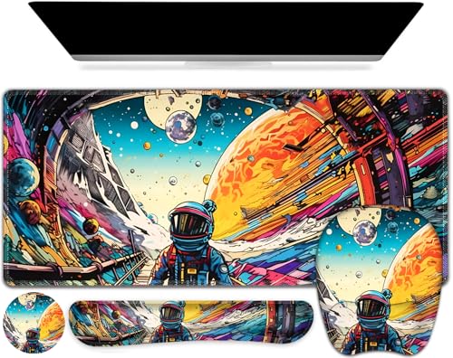 Large Anime Mouse Pad with Wrist Support 4 in1 Set, XXL Big Game Mousepad + Keyboard Wrist Rest+Mouse Wrist Rest Pad +Coaster Gaming Mat for Home Office Computer Boy Man I Strange Planet Space Scene - color: Strange Planet Space Scene