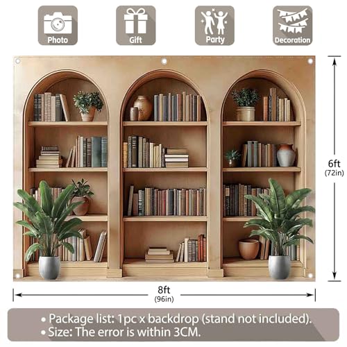 8x6ft Fabric Arched Bookshelf Backdrop School Library Books Modern Office Plants Video Conference Photography Background Indoor Decorations Photo Banner Props - size: 8'x6'