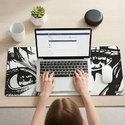 XXL Anime Eyes Gaming Mouse Pad - Manga Girl Black & White Desk Mat for Keyboard and Mouse - Non-Slip, Water-Resistant, Stitched Edges - 35.4x15.7 in (XX-Large) - color: Anime, size: 35.4L x 15.7W inches