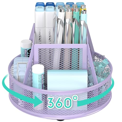 YINGHUA Metal Mesh Desk Organizer with 5 Compartments and Rotating Pencil Holder Pen and Stationery Organizer for Office Home School Anti Slip Base Purple - color: Purple
