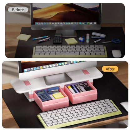 Desk Organizer and Accessories, Computer Monitor Riser Laptop Stand with Drawer Privacy Protection, Office Desk Accessories & Workspace Organizers for Office Supplies, Pink