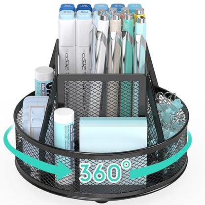 YINGHUA Metal Mesh Desk Organizer with 5 Compartments and Rotating Pencil Holder Pen and Stationery Organizer for Office Home School Anti Slip Base Black - color: Black