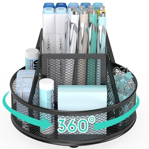 YINGHUA Metal Mesh Desk Organizer with 5 Compartments and Rotating Pencil Holder Pen and Stationery Organizer for Office Home School Anti Slip Base Black - color: Black