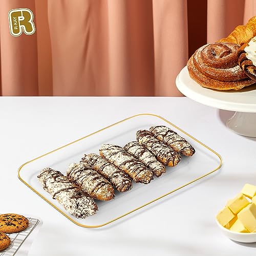 3 Pack Plastic Serving Trays for Party - Gold Serving Tray 8 x 11 Inch - Heavy Duty Dessert Trays for Food - Rectangular Party Serving Trays for Entertaining - Clear Cookie Platters - color: Clear and Gold Rim