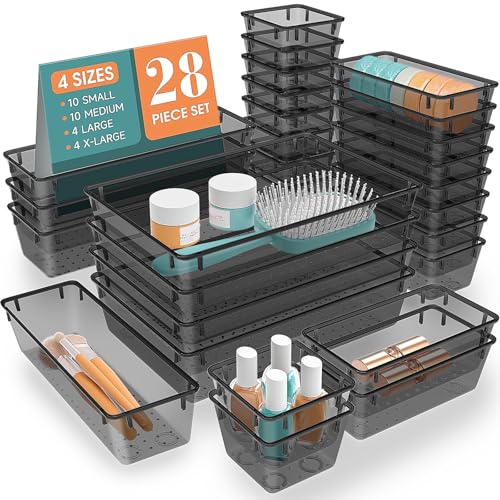 StorMiracle 28 PCS Clear Plastic Drawer Organizers Set, 4 Size Desk Drawer Organizer Trays for Makeup, Jewelry, Kitchen Utensils, Gadgets and Office Accessories, Black - color: Black, size: 28 PCS