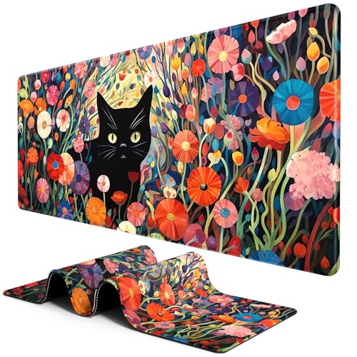 BOSOBO Extra Large Mouse Pad for Gaming and Office, XXL XL Desktop Full Cover Mat, 31.5 x 11.8 Inches, Pink Orange Flowers and Cat - color: Flowers and Cat, size: XL - 31.5 x 11.8 Inches