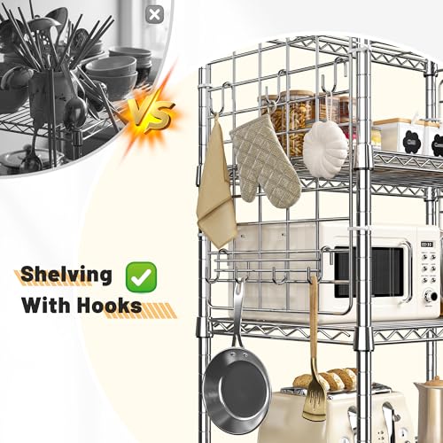 DurayLoly Storage Shelves with Hooks, Metal Shelving 5 Tier Adjustable, Storage Rack 530LBS, Chrome, Metal Shelf Easy Assemble, Wire Shelving for Kitchen, Pantry, 29.5" W x 11.8" D x 59.1" H