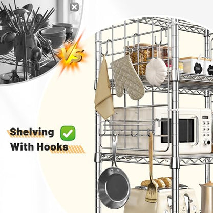 DurayLoly Storage Shelves with Hooks, Metal Shelving 5 Tier Adjustable, Storage Rack 530LBS, Chrome, Metal Shelf Easy Assemble, Wire Shelving for Kitchen, Pantry, 29.5" W x 11.8" D x 59.1" H