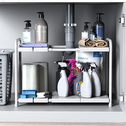 Simple Houseware Under Sink 2 Tier Expandable Heavy Duty Metal Shelf Organizer Rack, White (Expand from 15 to 25 inches) - color: White