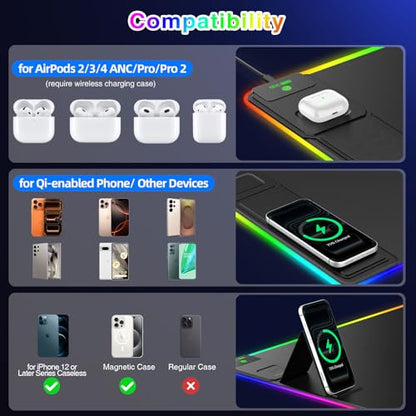 XXL RGB LED Gaming Mouse Pad with Magnetic Wireless Charger & Foldable Phone Holder, 31.5"x15.8" Extended Ultra-Smooth Desk Mat, 25 Lighting Effects, Non-Slip Base, Includes 20W PD Adapter - color: RGB-31.5"x15.8"-Magnetic Stand(with Adapter)