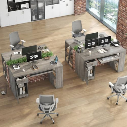 HSH 55" Office Computer Desk with Drawers, Farmhouse Grey Executive Desk with Storage Shelves and Cabinet, Modern Wooden Computer Table Teacher Desks with Keyboard Tray for Home Writing Work Study - color: Light Grey Oak