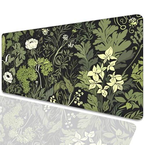 Sage Green Floral and Plant Desk Pad Mouse Pad,Large Gaming Floral Mouse Mat with Stitched Edges,Non-Slip Waterproof Rubber Base Mousepad for Office Work Home Desk Mat(27.5X11.8 in) - color: Sage Green Floral and Plant
