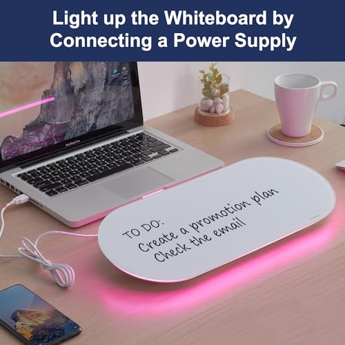 TSJ OFFICE Glass Desktop Whiteboard - 17 X 7 Inches Small Dry Erase Board with Pink Light, Glass White Board Surface Notepad with 1 Drawer, Desk Organizers for Office, Home, School Supplies - color: Pink Light (White Glass)