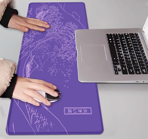 IMAYONDIA Great Wave Large Gaming Mouse Pad, Purple Minimalist Japanese Desk Mat, Gamer Aesthetic Extended Mousepad Cute, Non-Slip Rubber Base Lilac Desk Pad for Office- 31.5 X 11.8 Inch - color: Purple Great Wave