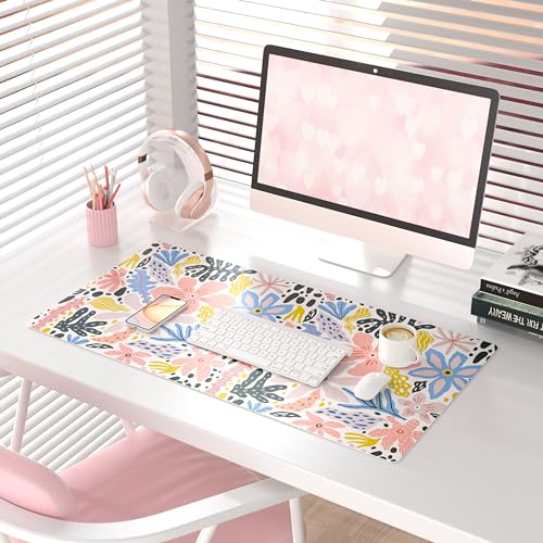 QiyI Floral Large Mouse Pad, Cute Desk Mat for Desktop, Women Girls Desk Accessories Office Décor, PU Leather Waterproof Big Gaming Mousepad, Doodle Flowers Desk Pad Computer Mat, 31.5" x 15.7" - color: Doodle Flowers, size: 31.5" x 15.7"