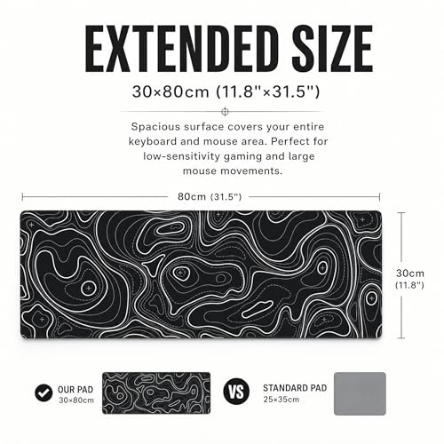 Large Gaming Mouse Pad Black Topographic Contour Mouse Pad Extended XL Long Mousepad Big Desk Mat with Stitched Edges & Nonslip Rubber Base for Company Office Work, 31.5 X 11.8 Inch - color: Black Topographic, size: 31.5" x 11.8"