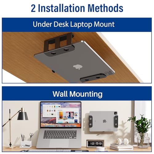 BYMECOST Under Desk Laptop Storage Mount, Metal Under Desk Device Holder, for Devices Up to 2.1" Thick, MacBook, Mini, Keyboard, Router, with Anti-Scratch Silicone (Black) - color: Black, size: 2.1" without hook