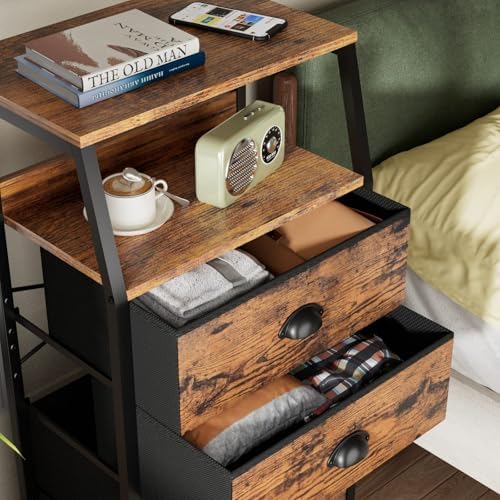Furnulem Night Stand, Tall 4 Drawers Dresser for Bedroom, Hallway, Nursery, Closet Organizer, Nightstand Bedside Table Furniture, Vertical Storage Tower Fabric, Sturdy Steel Frame, Wood Top - color: Rustic Brown, style: 4 Drawers