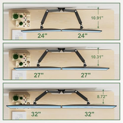 UPGRAVITY Dual Monitor Wall Mount, Double Monitor Wall Stand for Two 17-32 inch Flat Computer Screens, Height Adjustable Gas Spring Mounted Bracket Arms Hold up to 17.6lbs, VESA 75/100