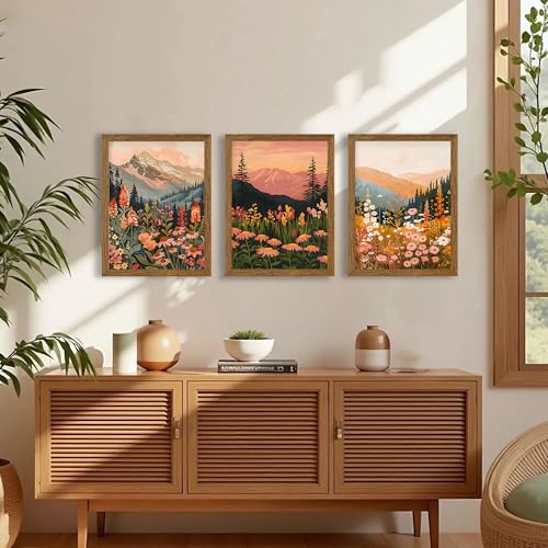 InspiredHues Colorful Landscape Boho Canvas Wall Art Set, 3 Piece Wildflower Mountain Wall Decor, Vintage Floral Rustic Nature Artwork Prints for Living Room Bedroom Office 12x16 Inch Wood Framed - color: Landscape, size: 16"L x 12"W