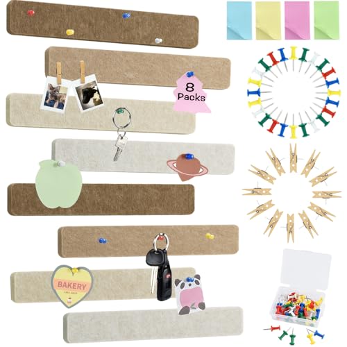 Vuzvuv 8 pcs Bulletin Board Bar Strips with 50 Pushpins & 10 Wooden Clip pins，Self Adhesive Cork Board for Wall，Felt Pin Board for School，Office Decor(Multi-Brown) - color: Light Wood-brown