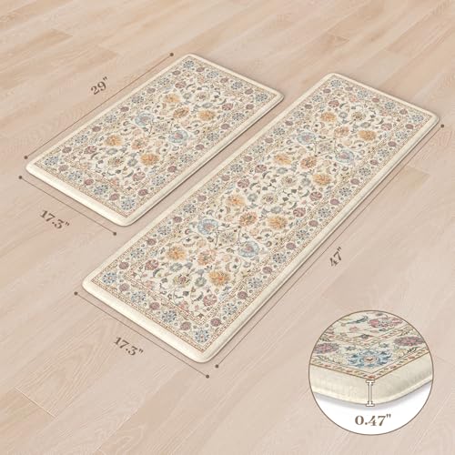 KIMODE Anti Fatigue Kitchen Mats for Floor, Boho Vintage Kitchen Rugs Sets of 2, Cream Colored Cushioned Kitchen Floor Mats, Comfort Standing Mat for Sink Laundry Office Desk 17"x47"+17"x29" - color: Cream Colored, size: 17.3" x 47"+17.3" x 29"--0.47 inch
