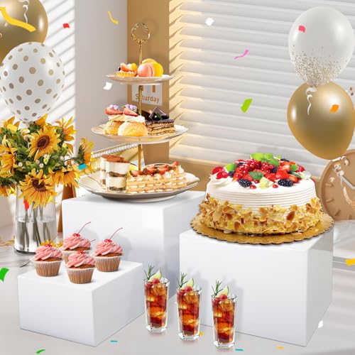6Pcs White Acrylic Buffet Risers with 6 Mini Signs, Nesting Food Display Stands for Buffet Table with Hollow Bottoms for Parties, Weddings, Desserts, and Collectibles (8"-7"-6"-5"-4"-3")
