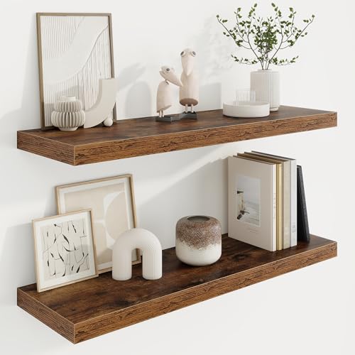 Marsmiles 32in Floating Shelves for Wall, 32" W x 9.25" D x 1.25" H, 2 Pack Long Wall Mounted Engineered Wood Shelves with Invisible Brackets for Living Room, Bedroom, Bathroom, Kitchen, Rustic Brown - color: Rustic Brown With Invisible Metal Brackets, si