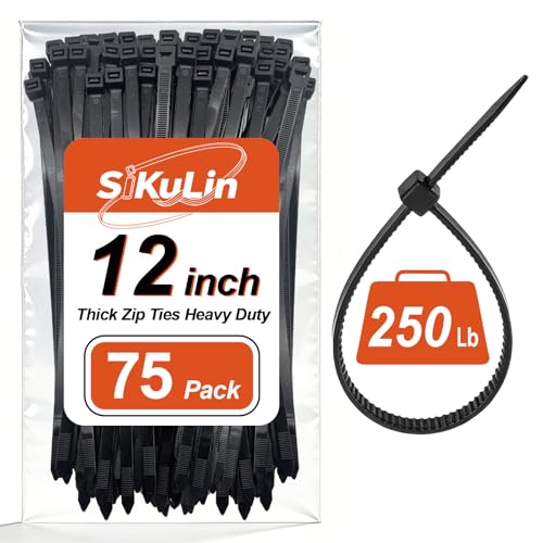 Thick Zip Ties Heavy Duty, 12 inch, Black, 250 lb High Strength, 75 Pack, Heavy Duty Zip Ties for Outdoor Use, Extra Wide & Strong UV Resistant Cable Ties, Wire Ties, SiKuLin - size: 12" (75 Pack) (250 lbs)