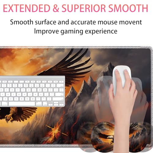 Large Gaming Mouse Pad + Mouse Wrist Rest Pad + Coaster Combination, 31.5 "x 11.8" Durable Non-Slip Extension Table Mat, Suitable for Office and Home, Rebirth of American Eagle Fire - color: Rebirth of American Eagle Fire