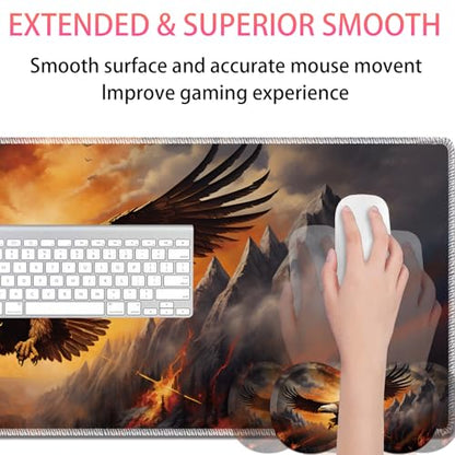 Large Gaming Mouse Pad + Mouse Wrist Rest Pad + Coaster Combination, 31.5 "x 11.8" Durable Non-Slip Extension Table Mat, Suitable for Office and Home, Rebirth of American Eagle Fire - color: Rebirth of American Eagle Fire