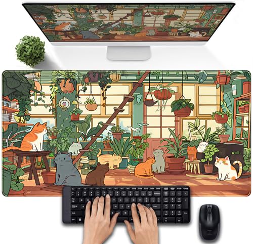 Large Desk Mouse Pad Cute Cats Desk Mat, Extended Gaming Mouse Mat, Office Home Keyboard Pad, Green Plant Computer Mats XXL, Cute Full Desktop Mat, Anime PC Accessories for Women 31.5" x 15.75" - color: Kawaii Cats
