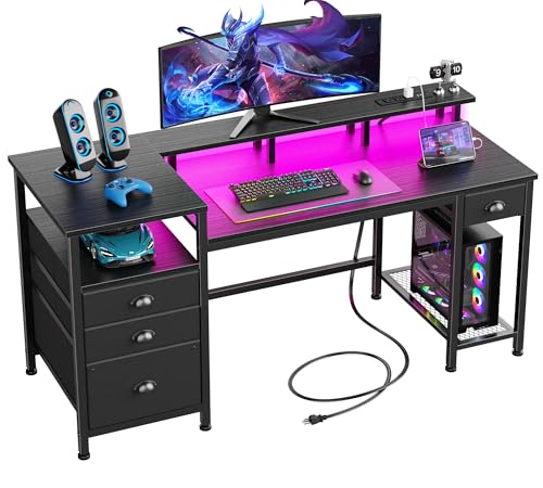 Furologee 60" Black Computer Desk with 4 Drawers and Printer Space, Gaming Desk with LED Lights and USB Power Outlets, Home Office Desk with Fabric File Cabinet,Study Work Table with Shelf for Bedroom - color: Black