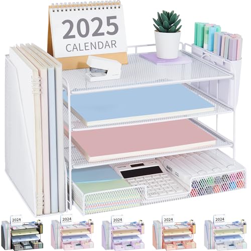 OPNICE Desk Organizer, 4-Tier Desktop File Organizer with Drawer and Pen Holders, Office Desk Accessories, File Sorters, Workspace Organizers for Office Supplies(White) - color: White, size: 4-tier