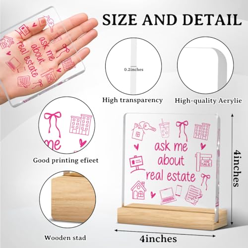 Realtor Gifts, Pink Realtor Gifts for Women, Funny Real Estate Agent Gift, Closing Gift, Realtors Office Desk Decor for Women, Bow Love Acrylic Sign Realtors Office Bedroom Shelf Table Decor - color: Ask Me About Real Estate