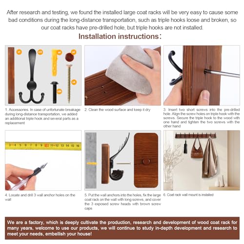 Large Coat Rack Wall Mount 38.6'' Rustic Wood Coat Rack Hook Long Coat Hooks Wall Mount Farmhouse Wall Hooks for Hanging Coat, Bags, Towels - color: Brown Plate & Black Hook, size: 1 Item-10 Hooks