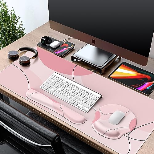 iCasso Large Gaming Mouse Pad Wrist Support Set, Desk Mat, 4in1 XXL Mousepad + Keyboard Wrist Rest+Mouse Wrist Rest+Coaster Set with Ergonomic Design for Home Office Table Computer-Pink Art - color: Pink Art