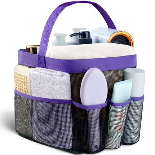 Attmu Mesh Shower Caddy Portable for College Dorm Room Camping Essentials, Shower Caddy Dorm with 9-Pockets, Large Capacity Hanging Basket Bathroom Bag for Toiletry, Swimming, Gym, Camp, Beach - color: Purple