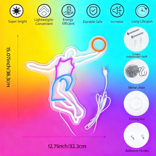 Basketball Neon Sign for Wall Decor, Basketball LED Sign Slam Dunk Neon Lights, Dimmable Neon Basketball Sign for Boys&Girls Game Room, Man Cave, Fan Party, Teen Bedroom & Sports Fans (15.07x12.71 in) - color: Blue,white Slam Dunk