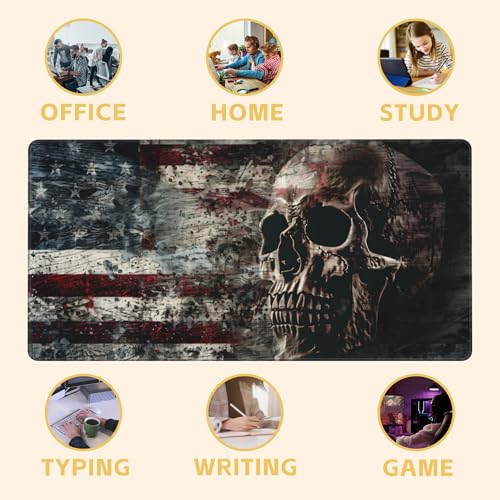 American Flag Skull Desk Mat Large Mouse Pad Gaming Mousepad 31.5 x 15.8 in | Desk Pad for Keyboard and Mouse, Large Non-Slip Rubber Base Mousepad Desk Mat with Stitched Edges for Gaming Office - color: American Flag Skull