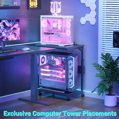 Besiost Computer Tower Stand with Outlets, PC Stand for Floor, 24" | 4 Levels Manual Height Adjustable PC Stand for Carpet Under Desk, Rolling Computer Cart with Wheels, Carbon Fiber Black - size: 24"