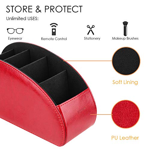 SITHON Remote Control Holder with 5 Compartments - PU Leather Remote Caddy Desktop Organizer Store TV, DVD, Blu-Ray, Media Player, Heater Controllers, Red - color: Red, size: Small
