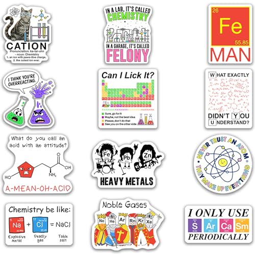 Chemistry Stickers 12pcs for Students Teens, Funny Chemistry Stickers, Science Stickers Chemistry, Waterproof Laptop Water Bottle Stickers - color: Chemistry