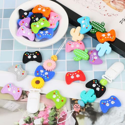 12 Pcs Video Game Controller Silicone Beads, EVERMARKET Gamepad Shape Silicone Focal Beads for Pens, Cute Silicone Beads Bulk, Rubber Loose Spacer Beads for Keychain Making DIY Crafts Bracelet Lanyard