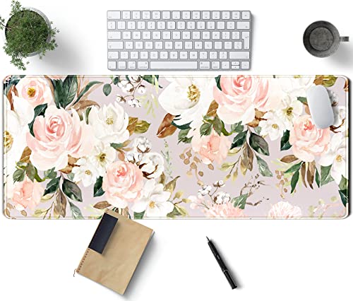 Pink Flowers Keyboard Pad PC Gaming Desk Mat Desk Mouse Pads Green Leaves Floral Mouse Pad Large, Computer XL Big Mousepad Deskpad Mat with Stitched Edge for Women Home Office Decor 31.5x11.8 in - color: Flowers Pink